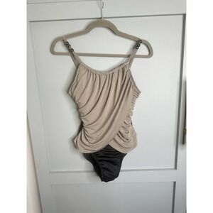 Magic Suit by Miraclesuit Lisa Taupe Gray Black Slimming One Piece Swimsuit Sz 8